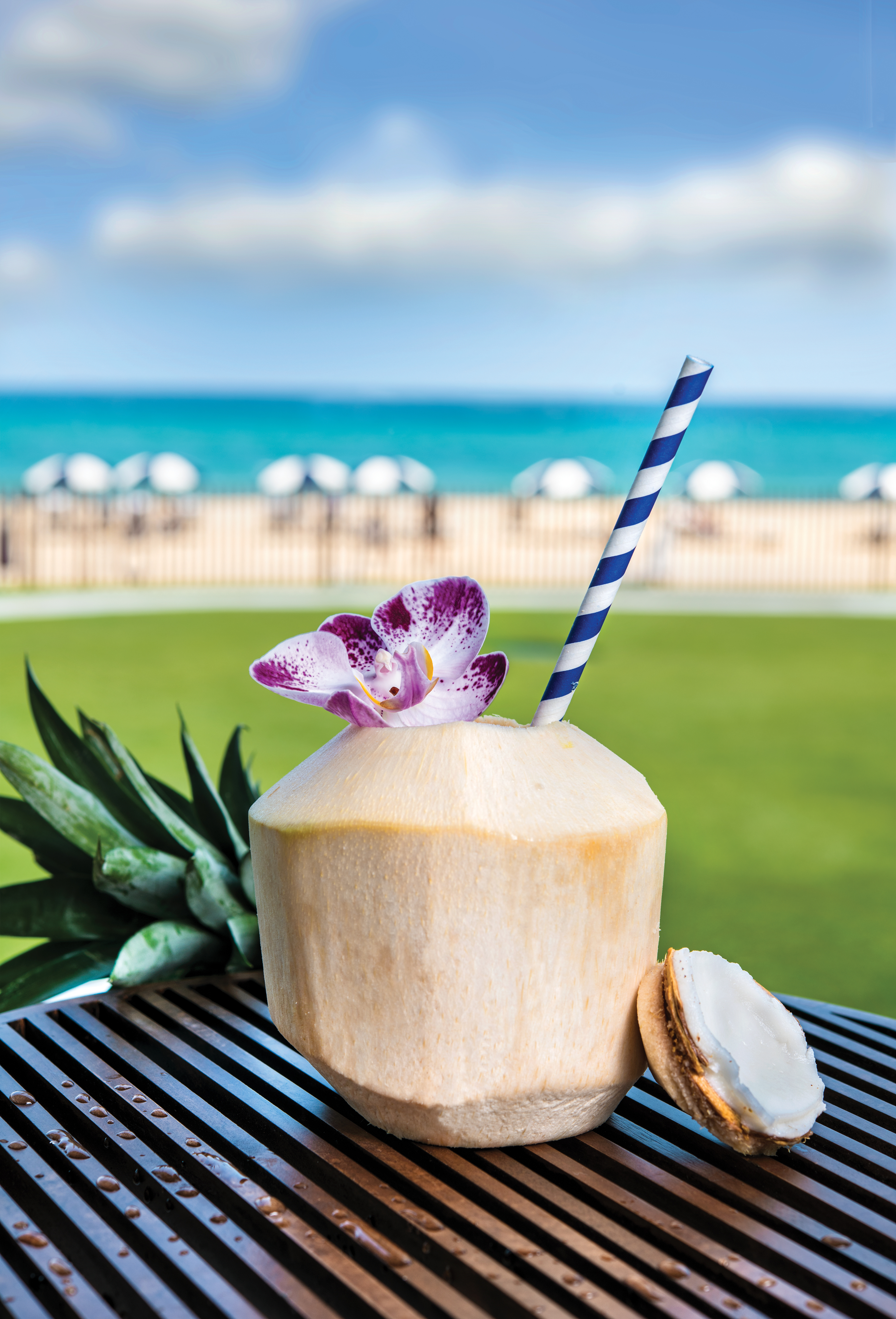 Fresh coconut drink with purple orchid and striped straw on beach table with turquoise ocean view