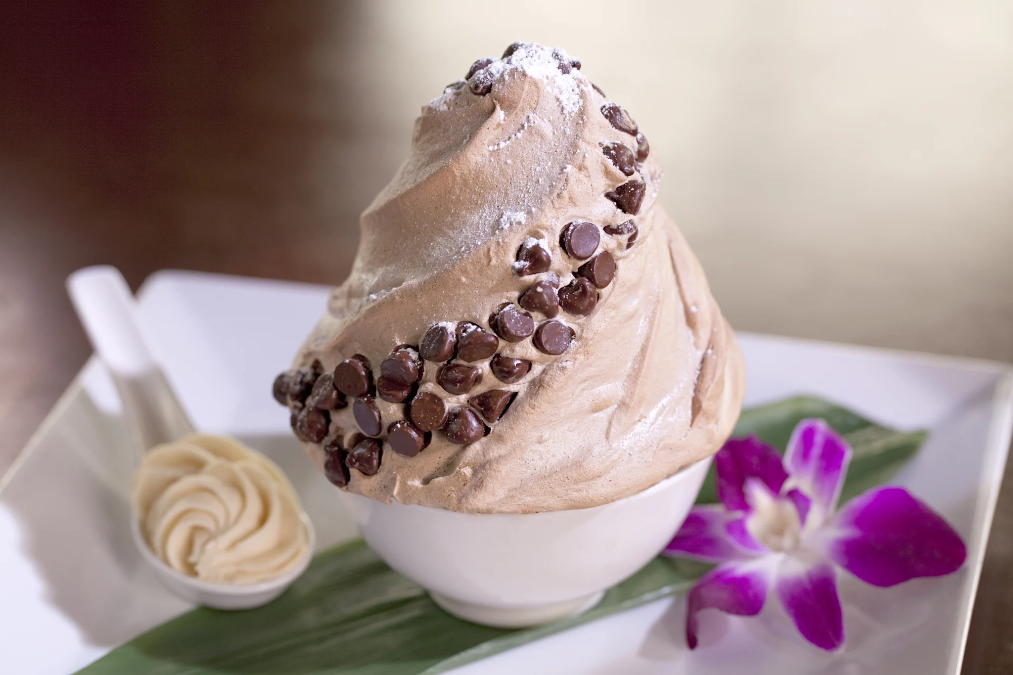 Chocolate shaved ice dessert topped with chocolate chips and powdered sugar, served with purple orchids.