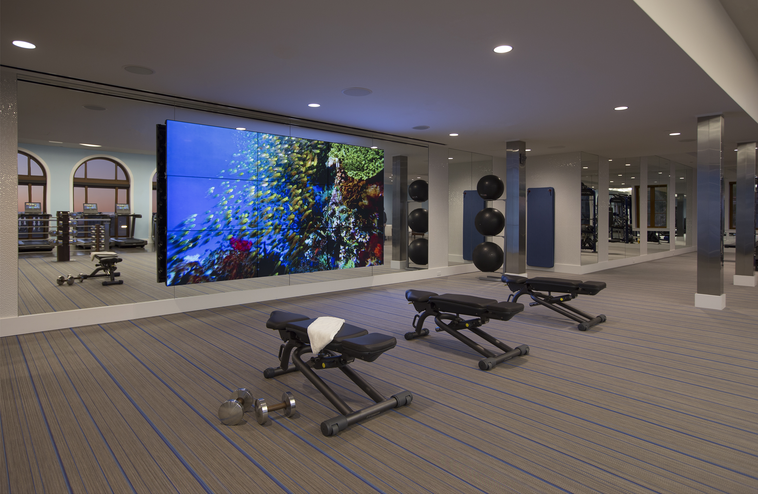 Modern gym with exercise benches, weights, and large screen displaying colorful underwater coral reef.