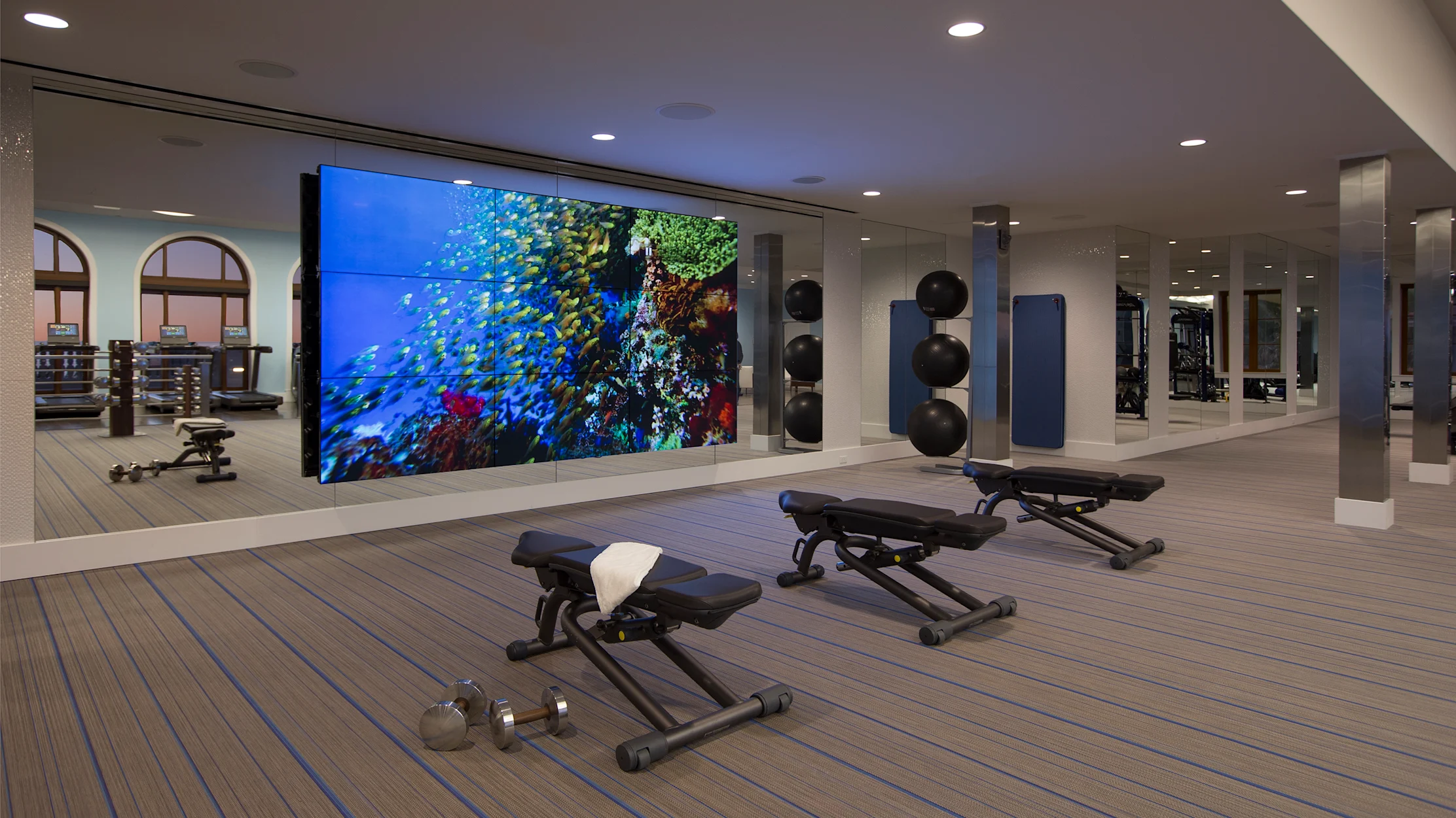 Modern gym with exercise benches, weights, and large screen displaying colorful underwater coral reef.