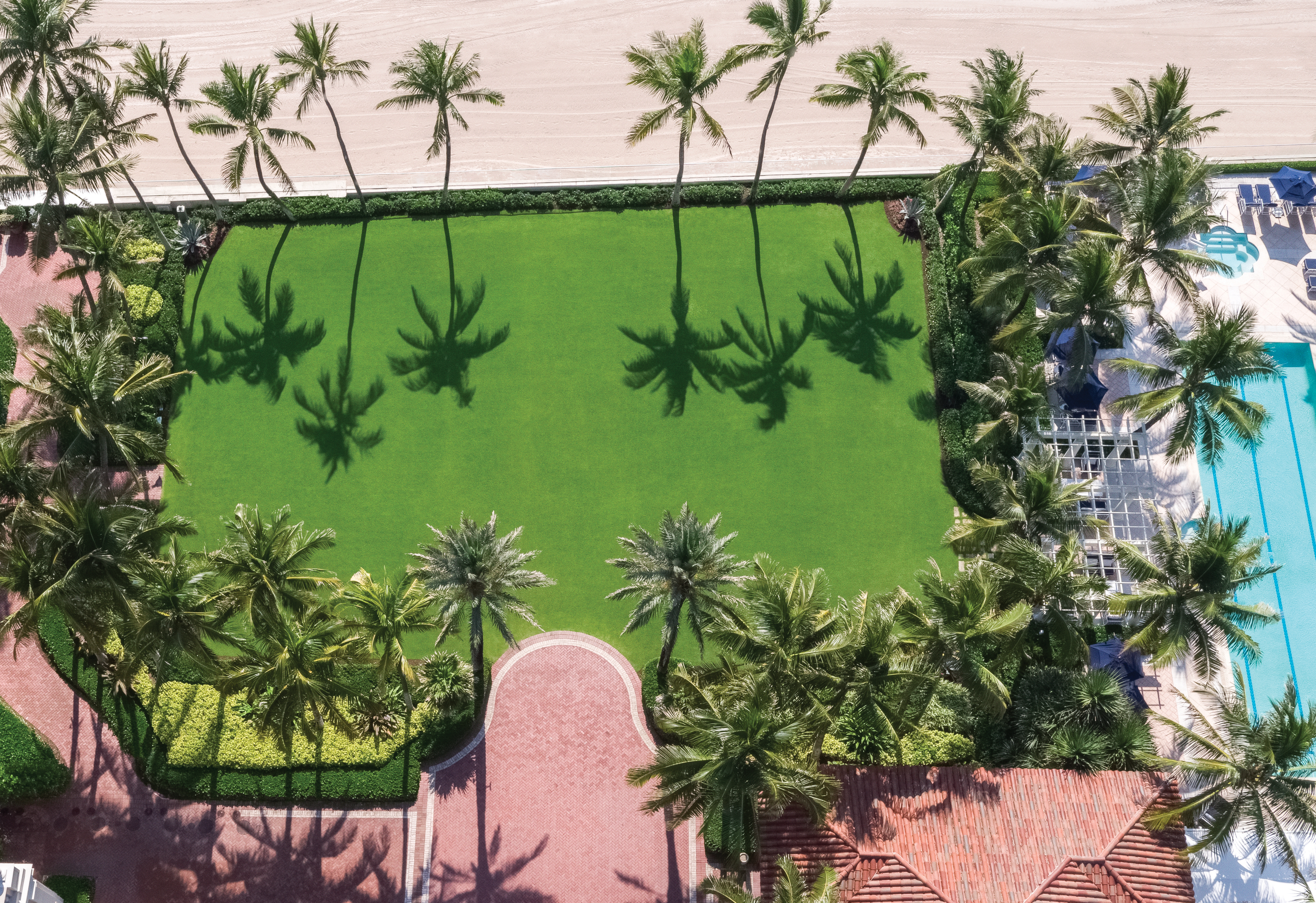 Aerial view of green lawn surrounded by palm trees with beach and pool visible at edges
