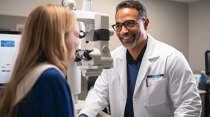 Eye doctor in white coat and glasses smiling while consulting with female patient near exam equipment