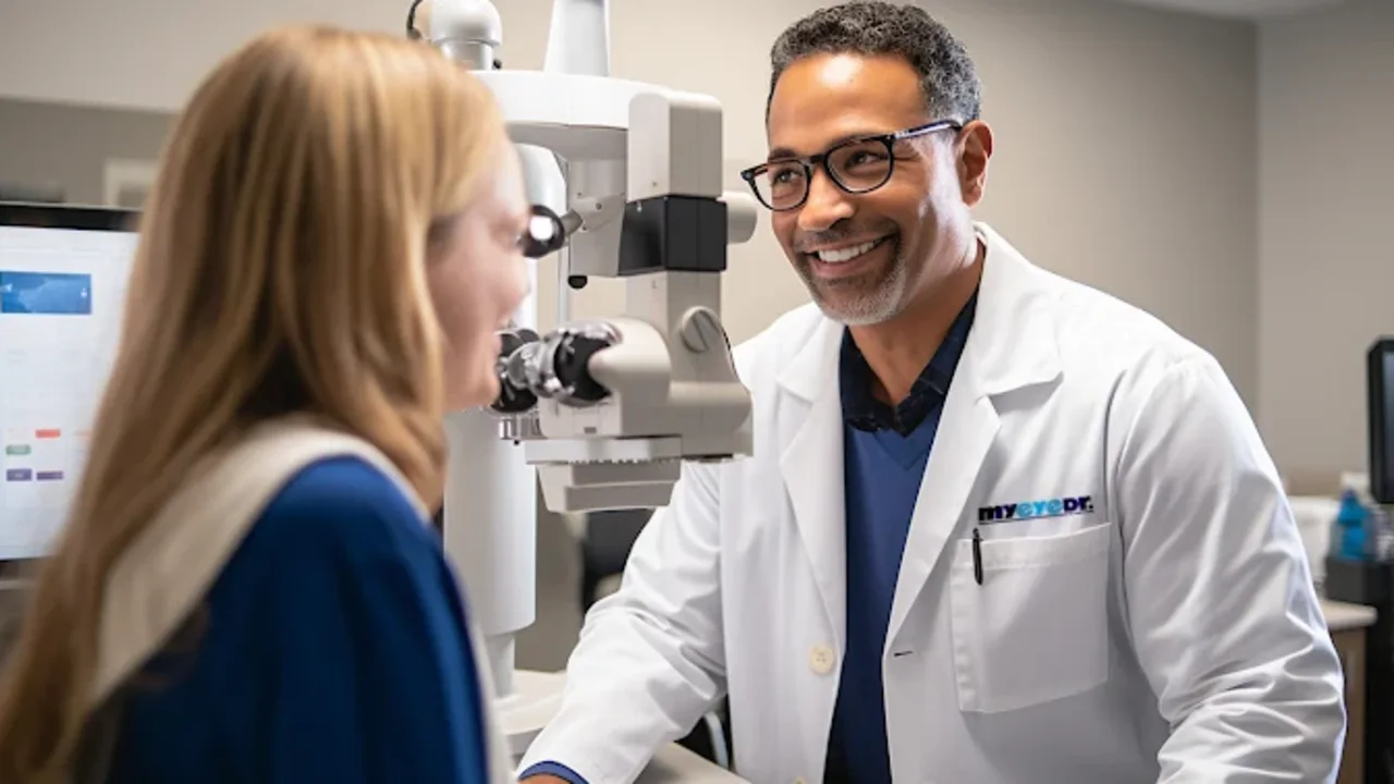 Eye doctor in white coat and glasses smiling while consulting with female patient near exam equipment