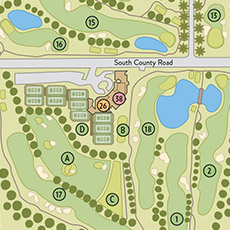 Illustrated map of The Breakers' Golf & Racquet Club showing the course layout, ponds, and clubhouse.
