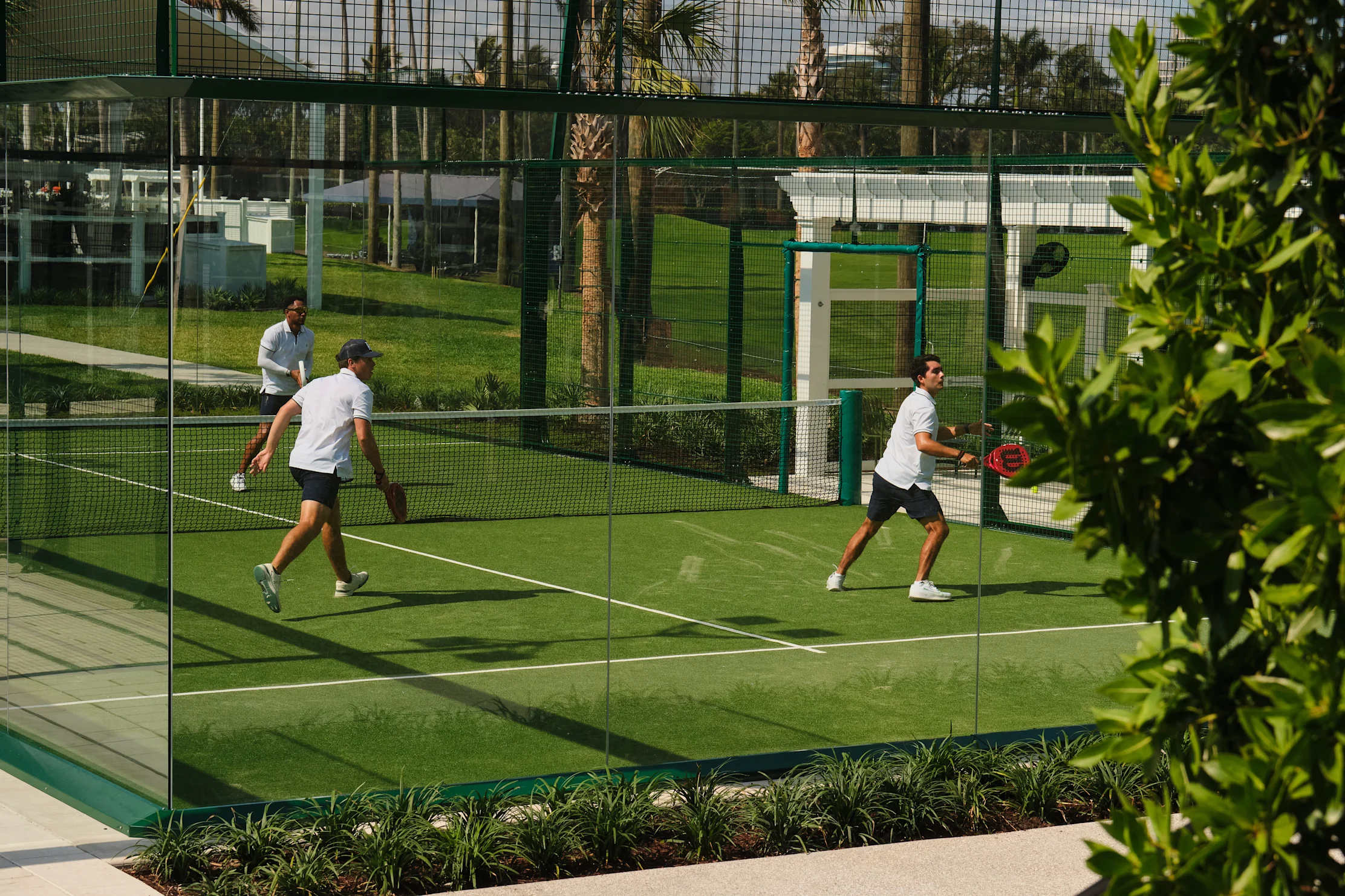 Three men playing padel tennis on an outdoor green court surrounded by palm trees and landscaping.