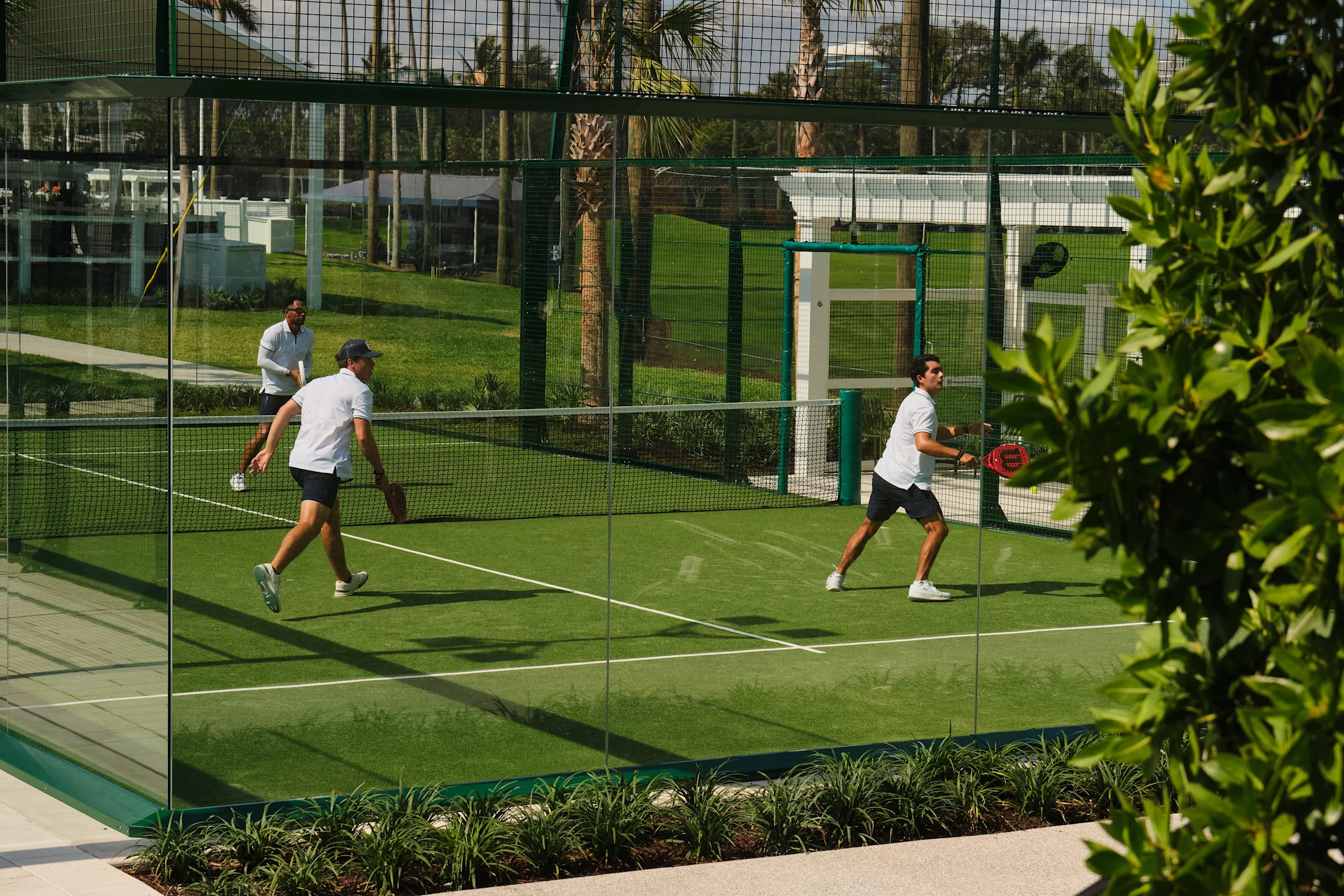 Three men playing padel tennis on an outdoor green court surrounded by palm trees and landscaping.