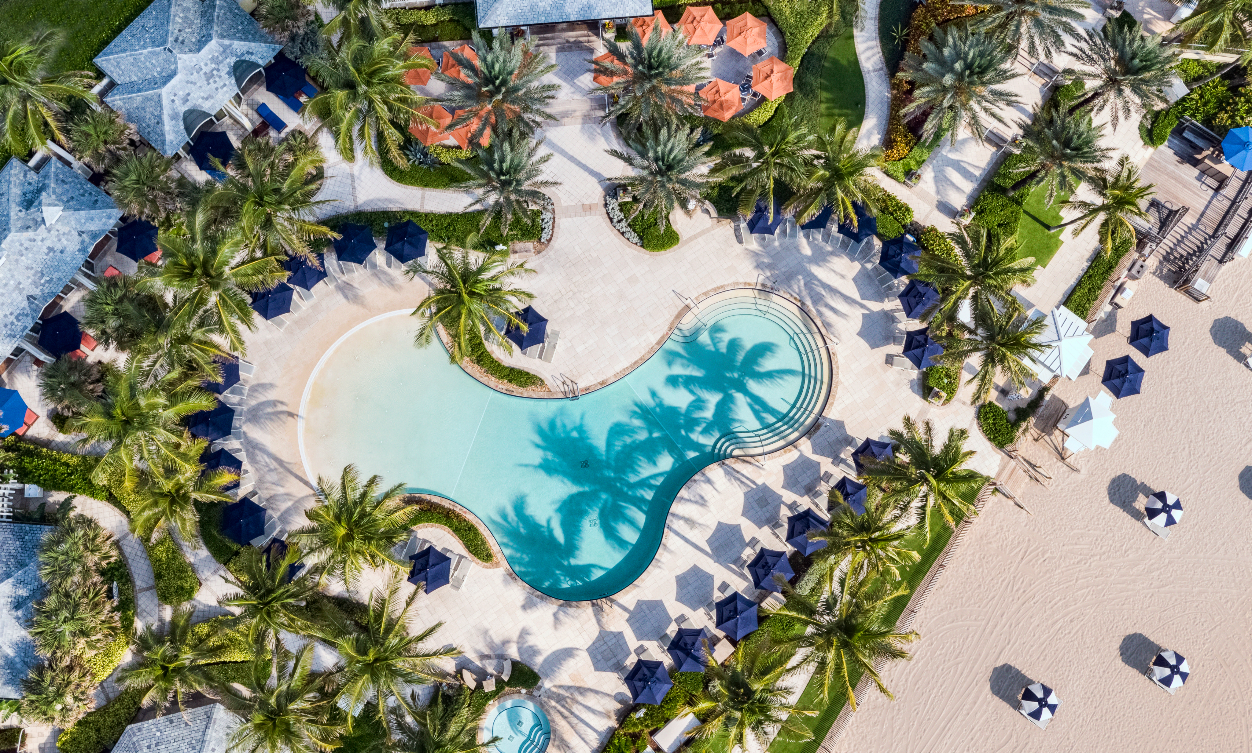 Aerial view of a resort pool surrounded by palm trees, blue lounge chairs, and orange umbrellas.