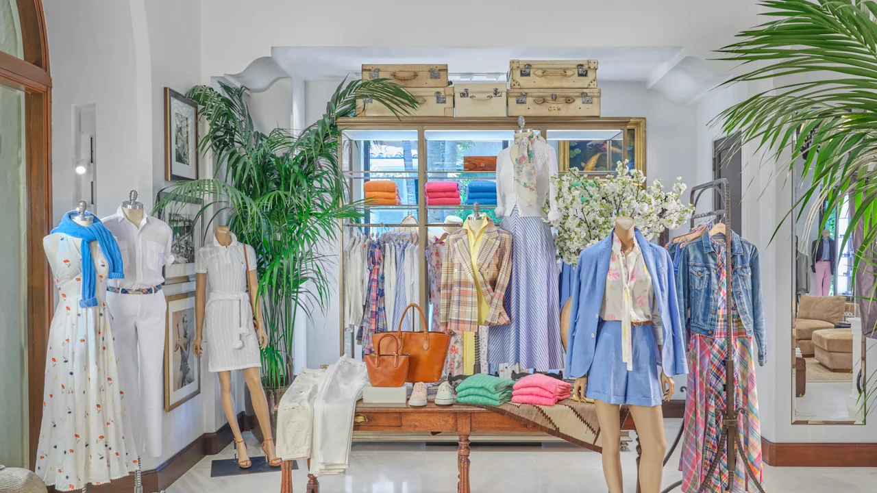 Bright boutique interior with mannequins displaying colorful spring clothing, palm plants, and vintage trunks.