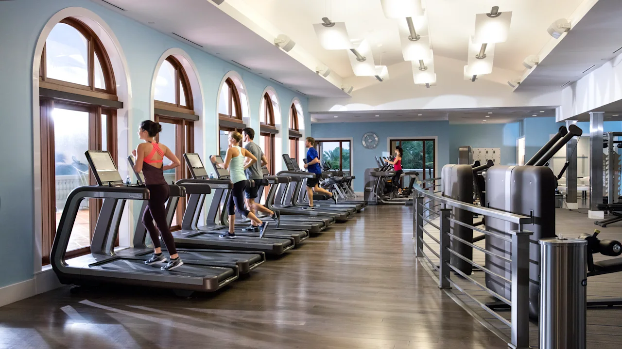 Modern fitness center with people on treadmills, blue walls, arched windows and exercise equipment.