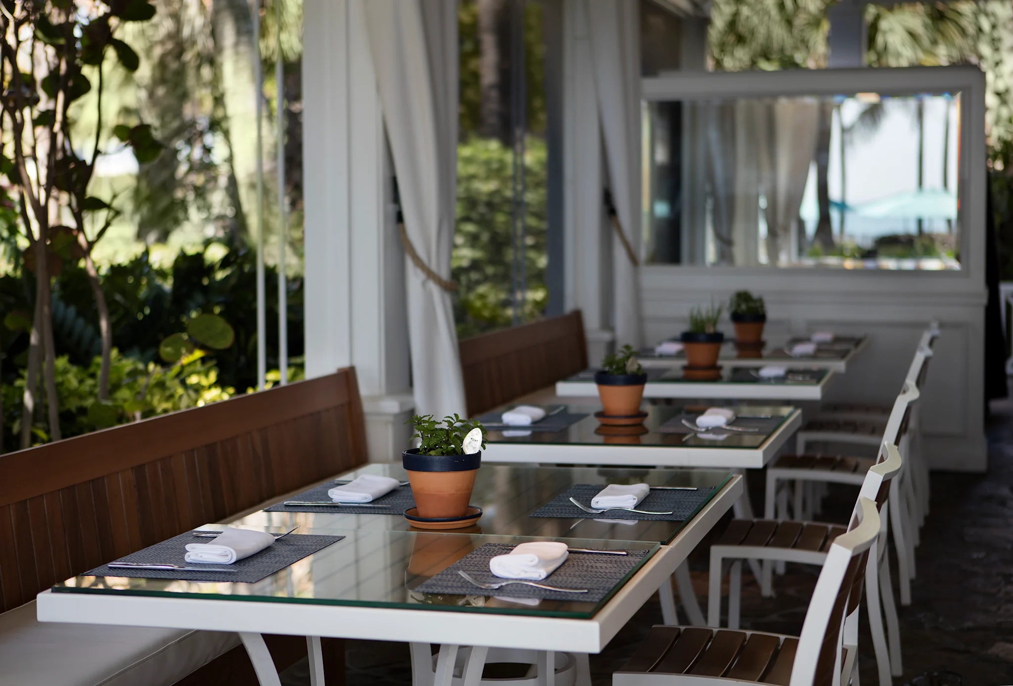 Outdoor restaurant tables with place settings, potted plants, and white curtains with ocean view.