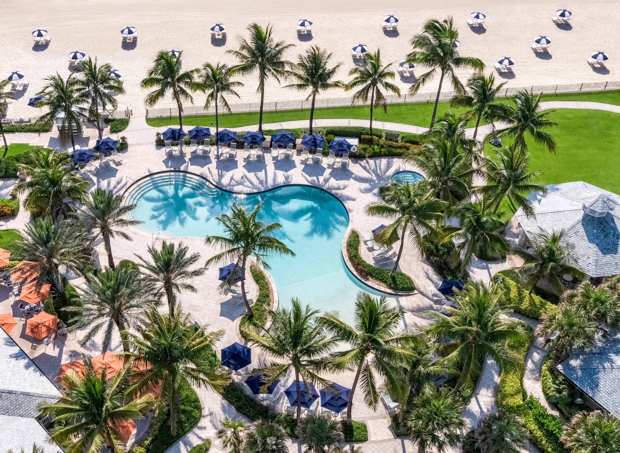 Aerial view of a resort pool surrounded by palm trees, blue umbrellas, and a sandy beach beyond.