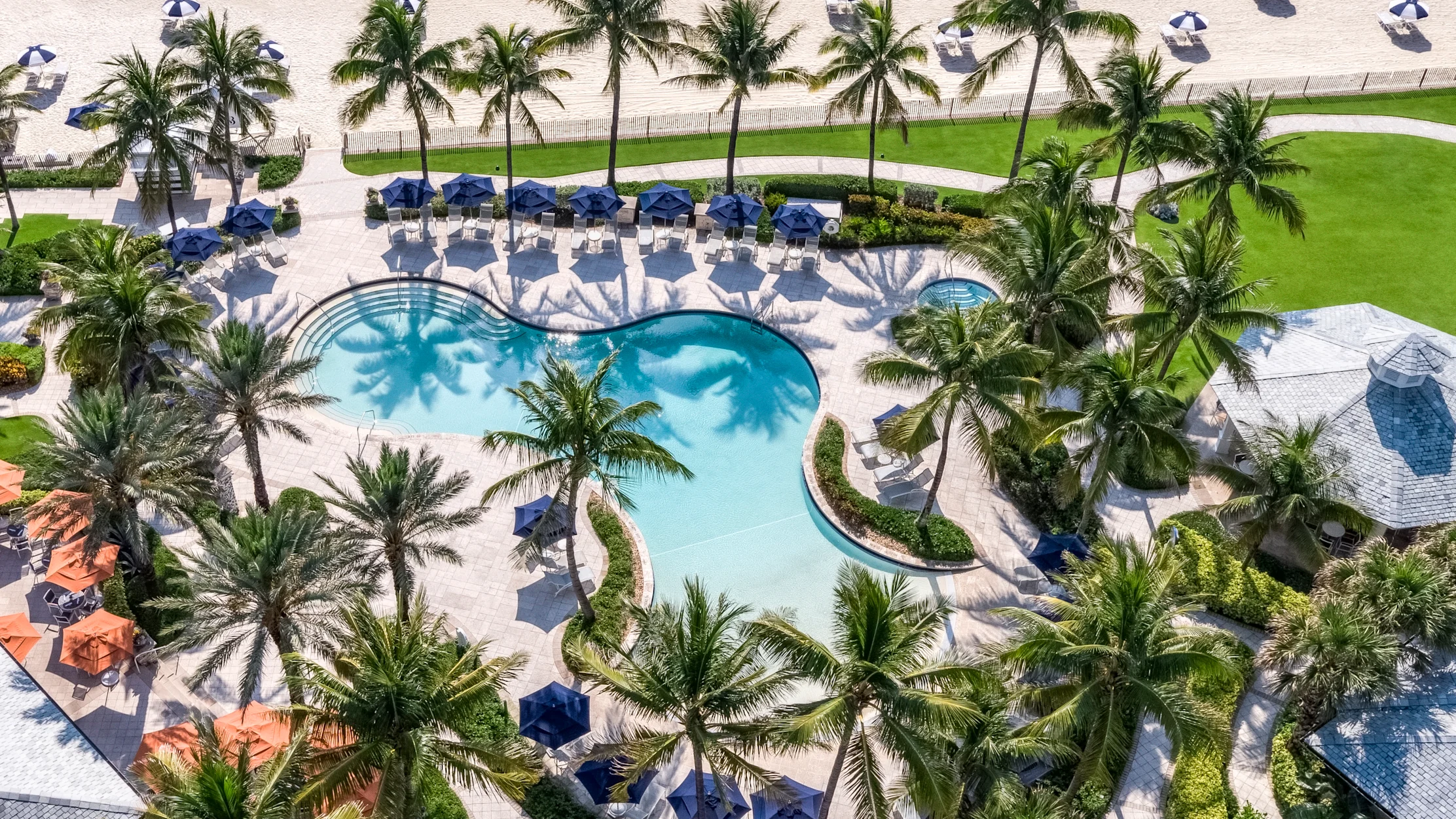 Aerial view of a resort pool surrounded by palm trees, blue umbrellas, and a sandy beach beyond.