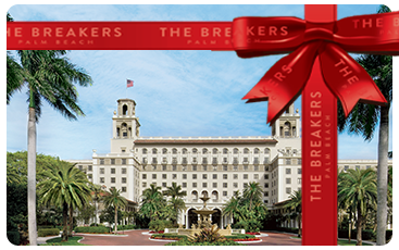 Gift card design preview featuring The Breakers exterior at golden hour.