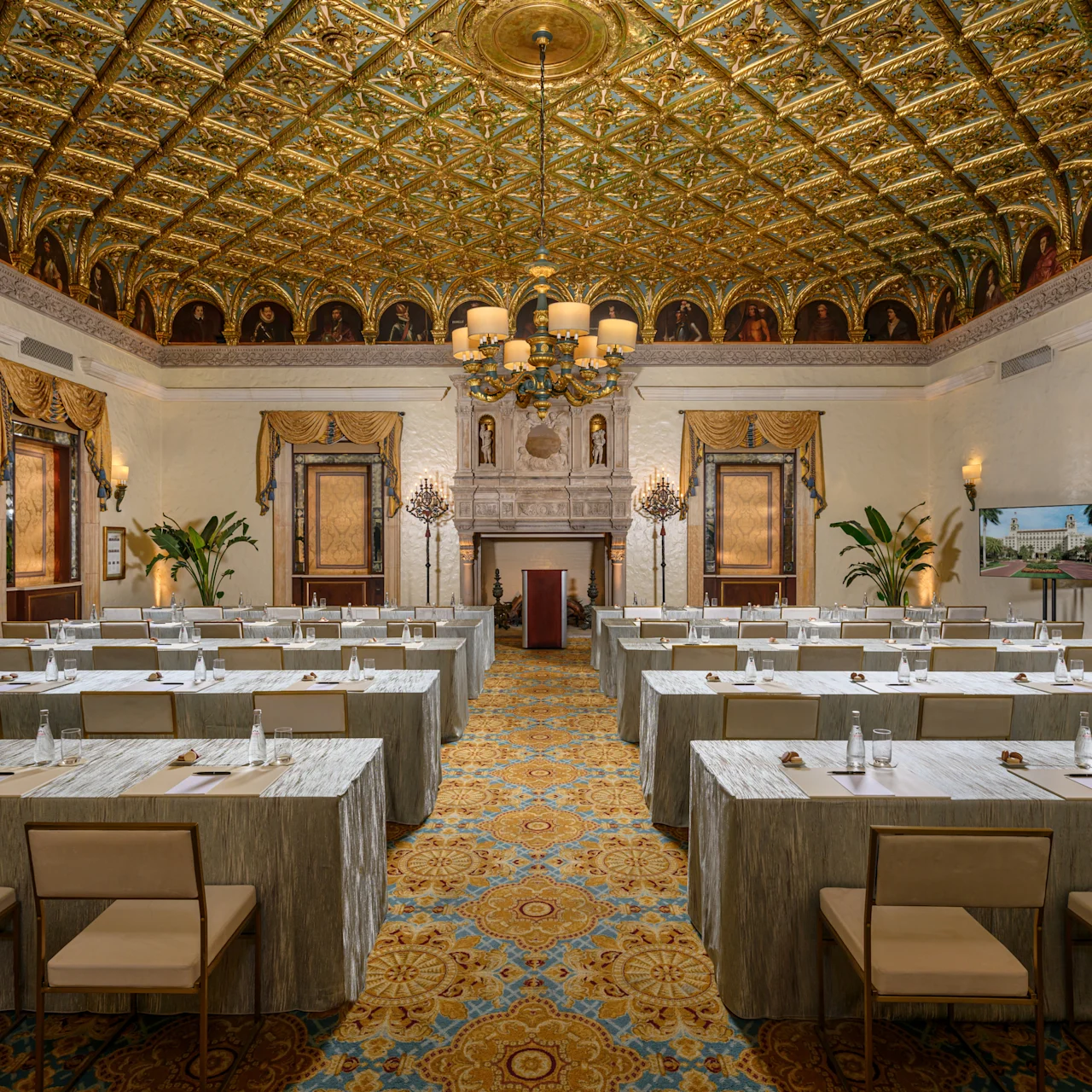 Ornate ballroom with gold-patterned ceiling, chandelier, and rows of tables set for a meeting.