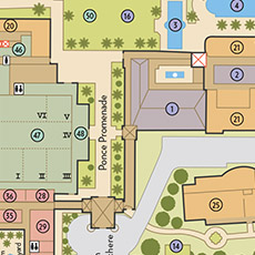 Illustrated overhead map of The Breakers resort showing oceanfront grounds, pools, gardens, and walkways.
