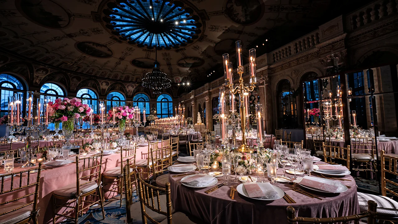 Elegant ballroom with ornate ceiling, blue chandelier, pink linens, gold chairs, and tall candelabras.