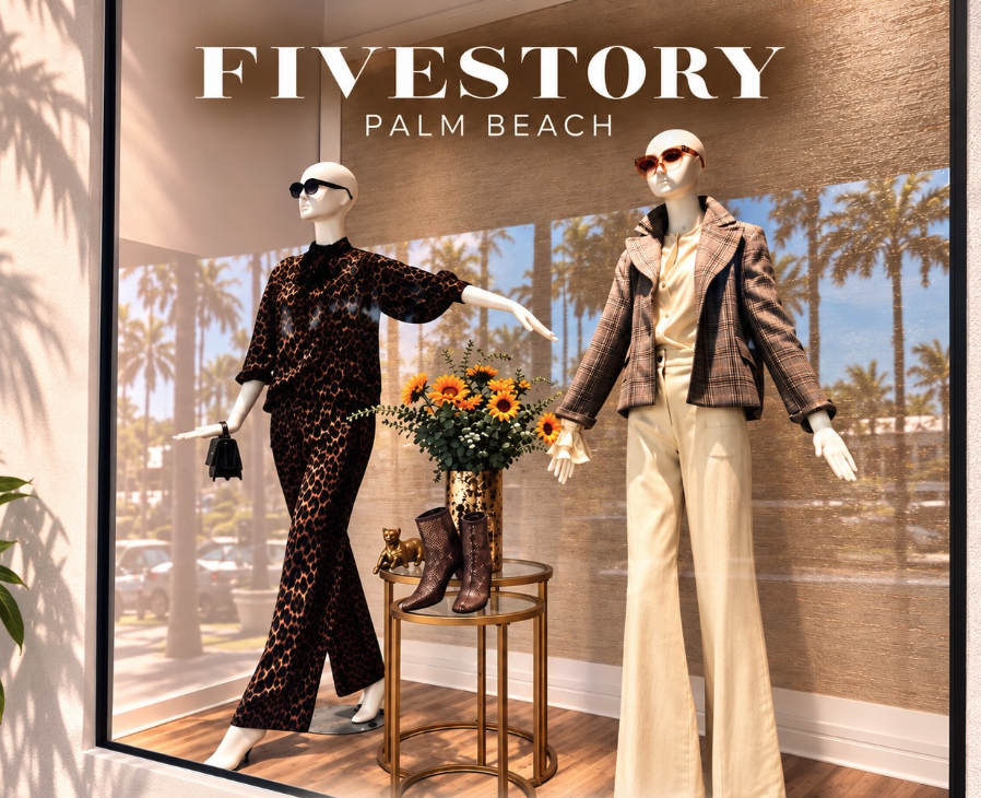 Fivestory Palm Beach storefront window display with two mannequins in designer outfits and sunglasses.
