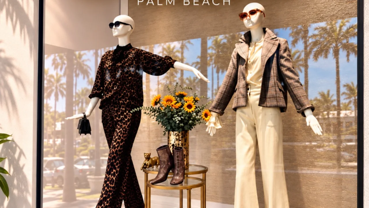 Fivestory Palm Beach storefront window display with two mannequins in designer outfits and sunglasses.