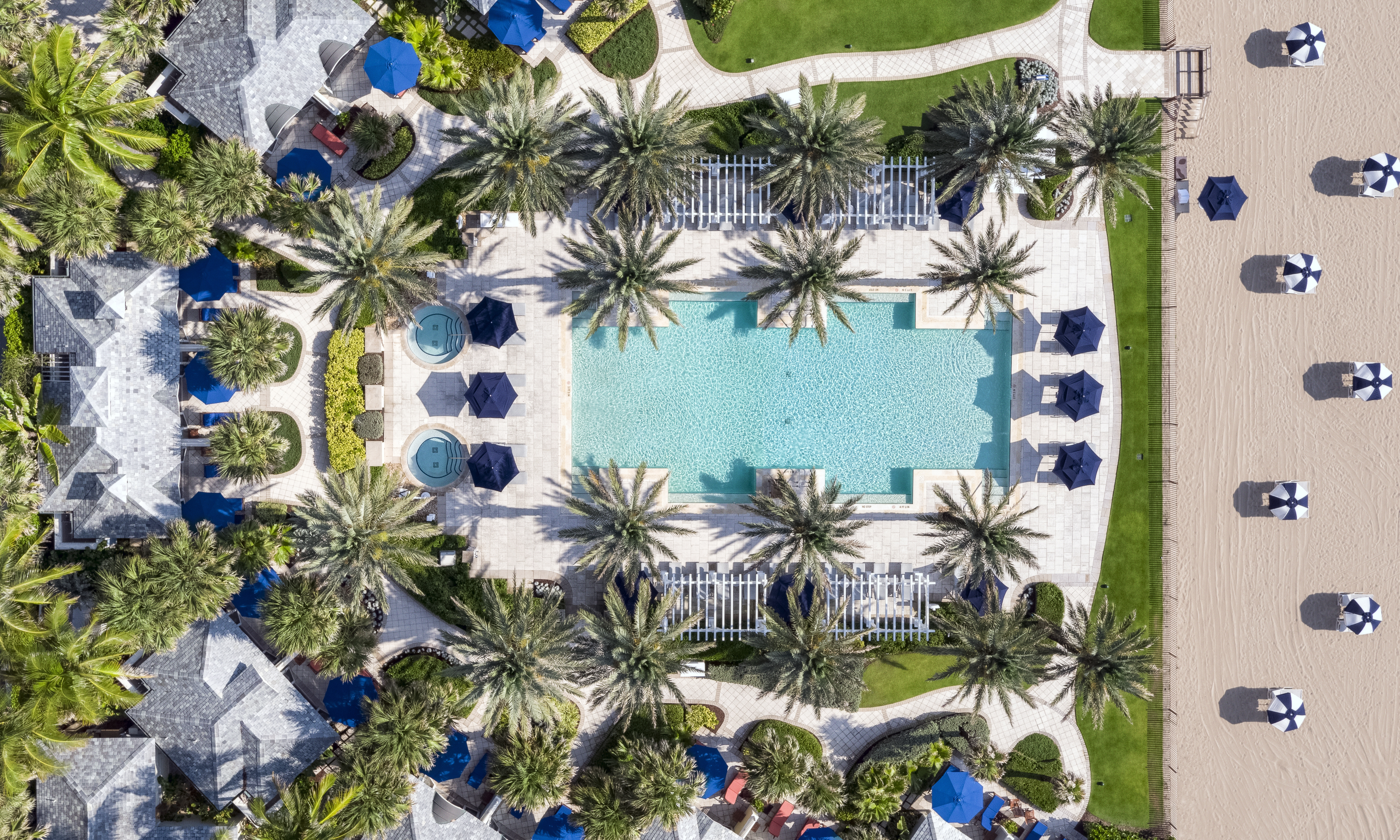 Aerial view of a resort pool surrounded by palm trees, blue umbrellas, and lounge chairs on a sunny day.