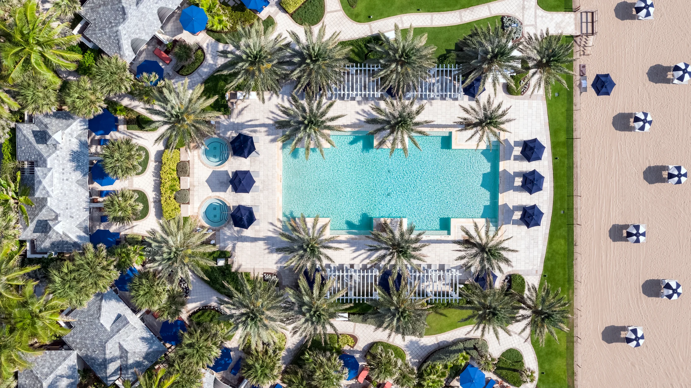 Aerial view of a resort pool surrounded by palm trees, blue umbrellas, and lounge chairs on a sunny day.