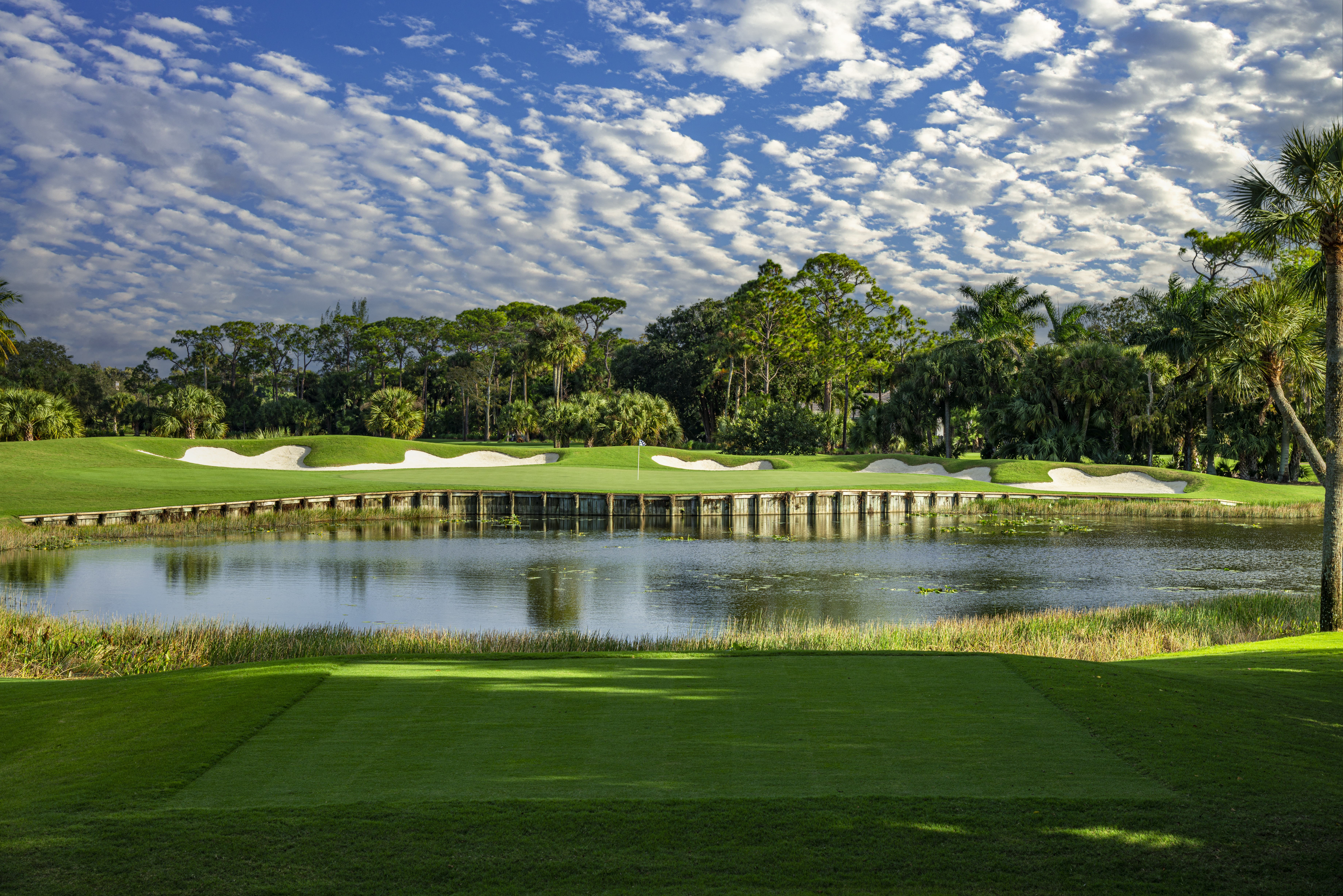 Golf course with pond, white sand bunkers, green fairways, palm trees, and blue sky with clouds.