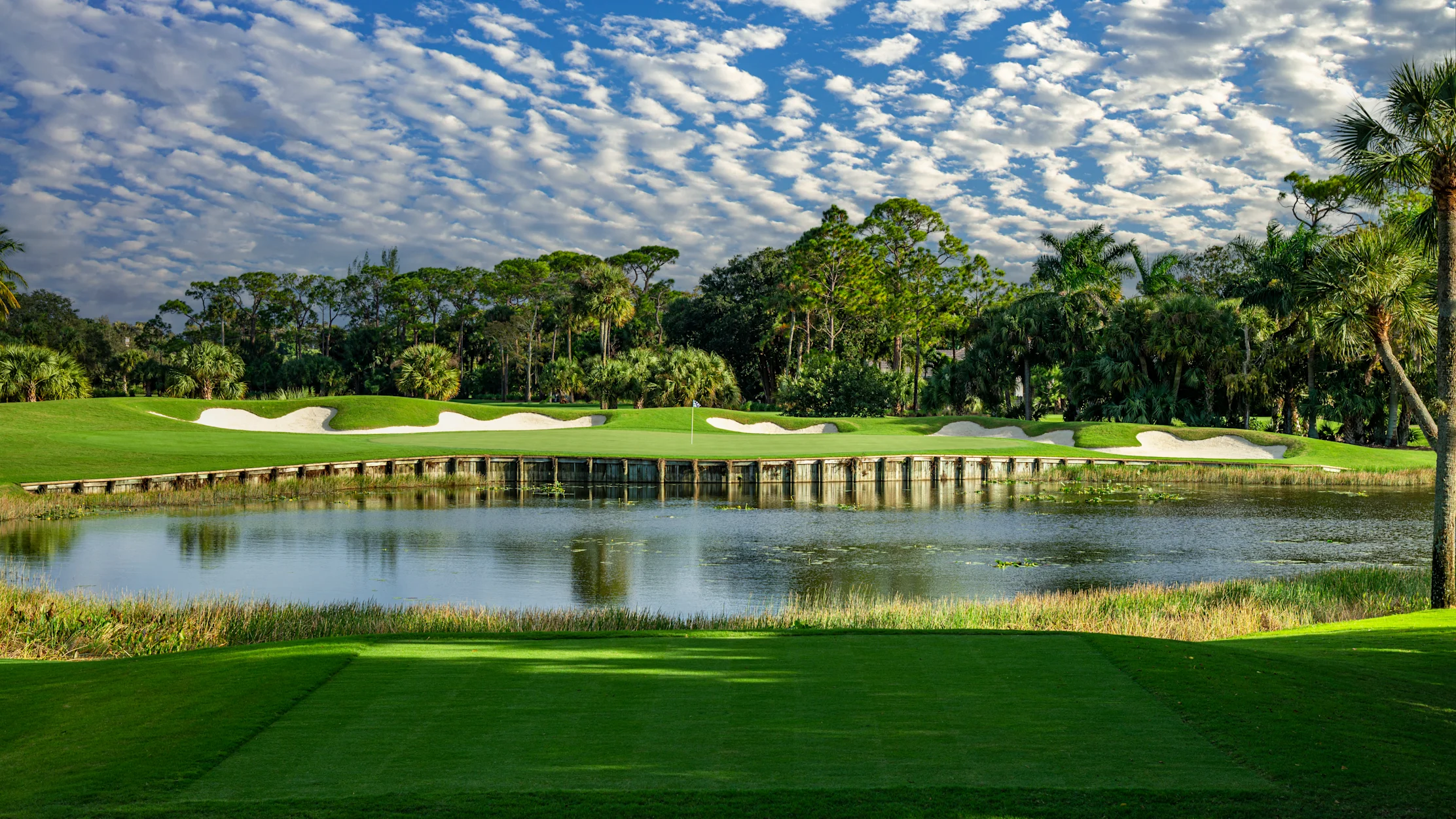 Golf course with pond, white sand bunkers, green fairways, palm trees, and blue sky with clouds.
