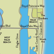 Illustrated map of West Palm Beach and Palm Beach island showing major roads, the Intracoastal, and surrounding areas.