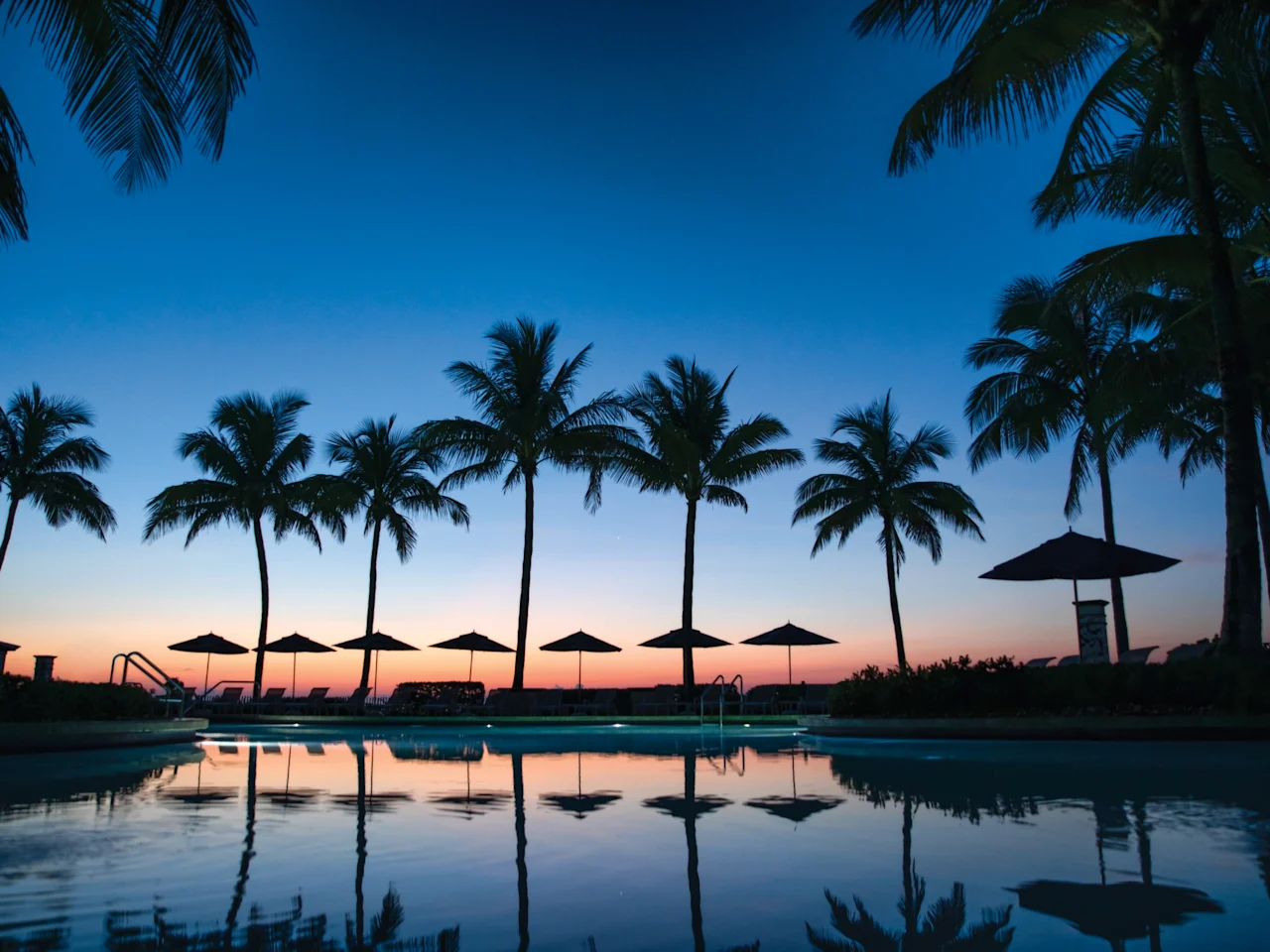 Tropical resort pool at dusk with palm tree silhouettes and umbrellas reflected in calm water.