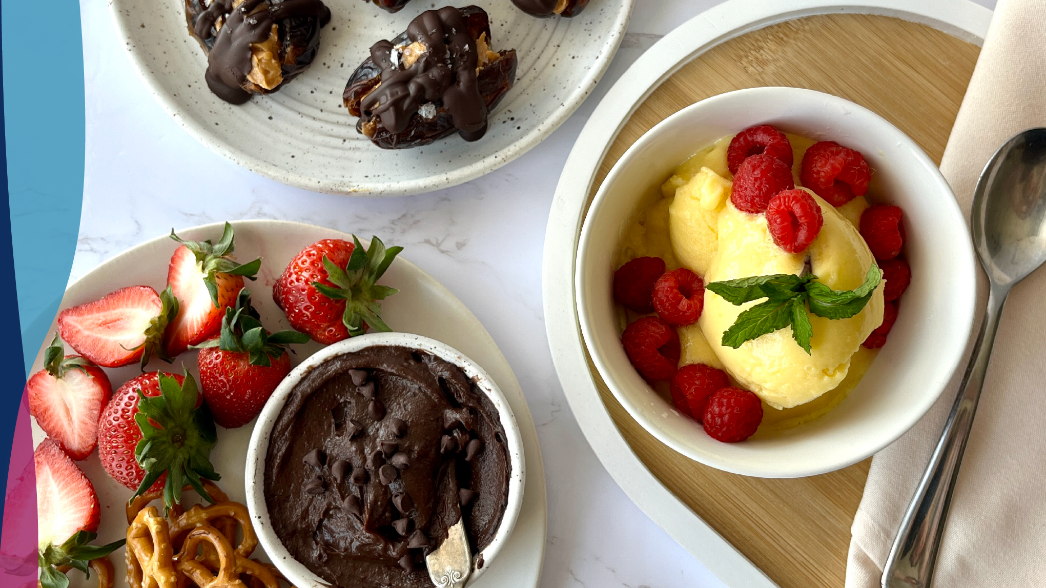 Chocolate-covered dates, lemon sorbet with raspberries, and chocolate hummus with strawberries and pretzels.