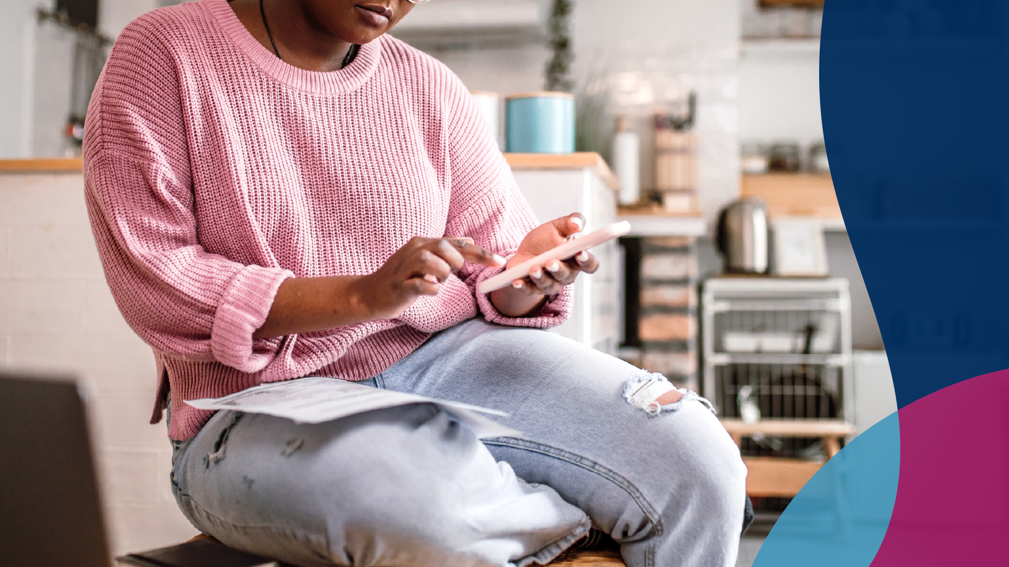 Woman reviewing her test results on phone and paper