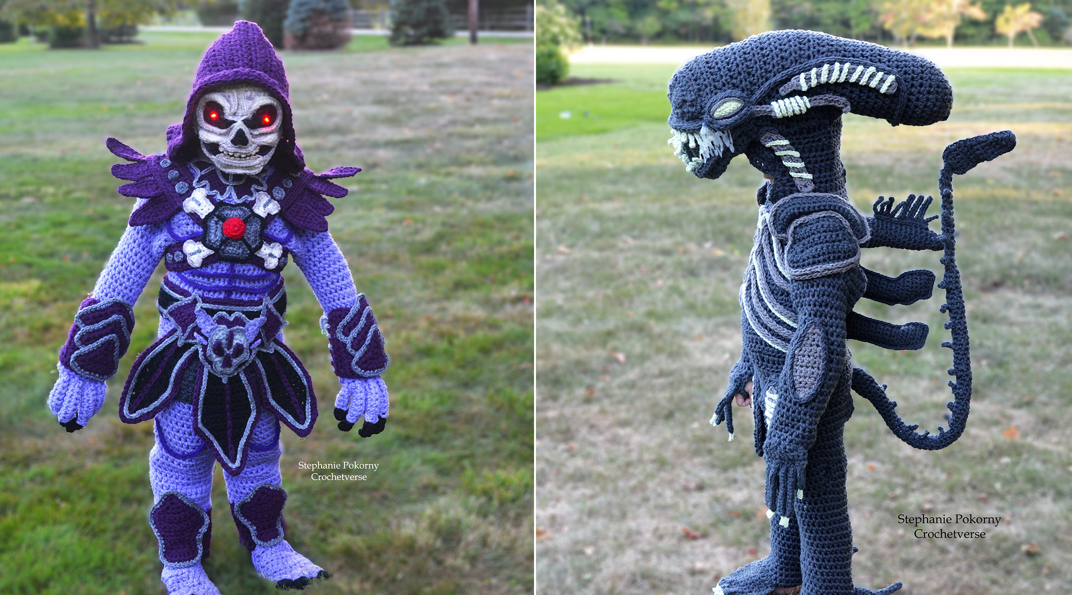 highly detailed crocheted halloween costumes, skeletor and alien
