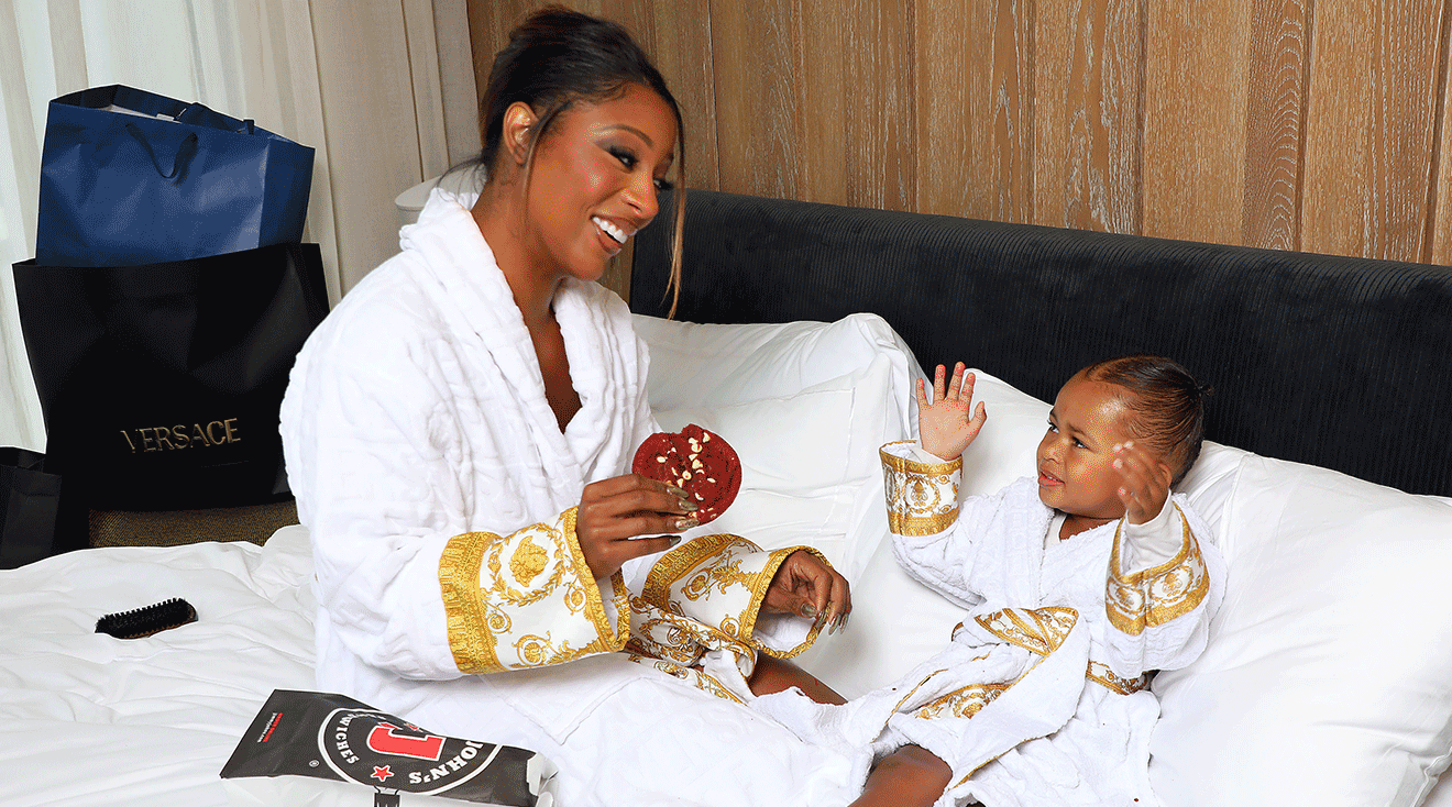 Victoria Monét and two-year-old daughter Hazel Monét Gaines celebrate their Grammy nominations by indulging in Jimmy John’s Red Velvet Cookies while preparing for the awards show on February 04, 2024 in Los Angeles, California