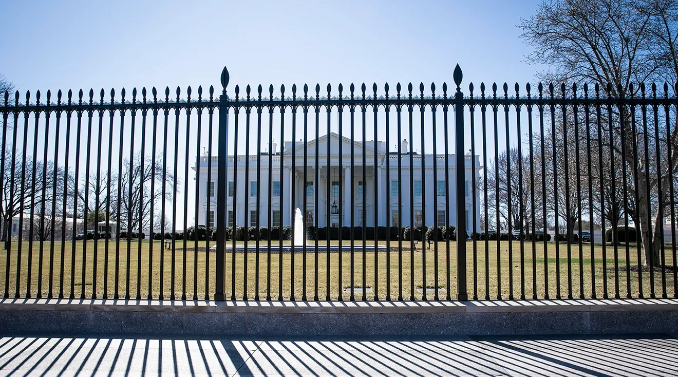 The exterior of the White House is seen from outside the security fencing on March 7, 2021 in Washington, DC.
