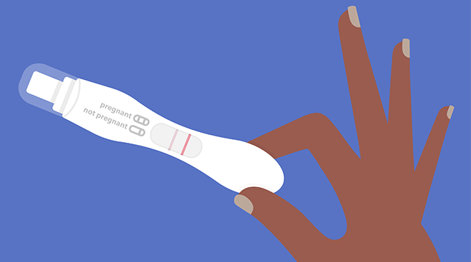 Illustration of a hand holding a pregnancy test with one solid line and one faint line. 