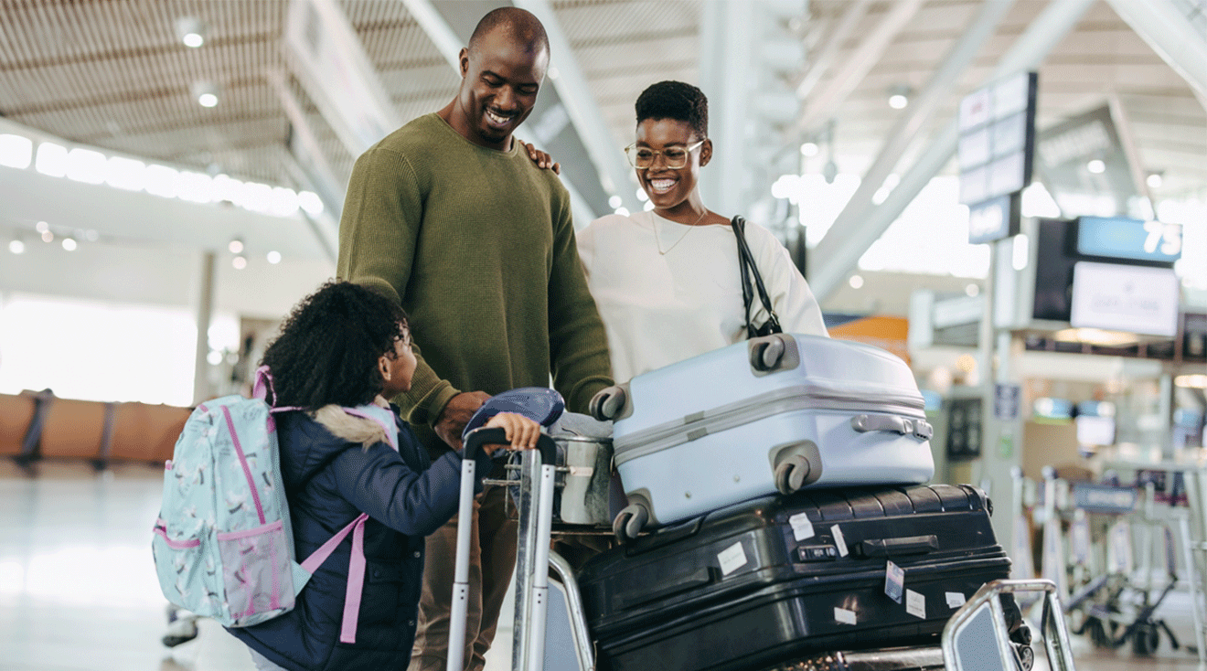 parents and child in the airport for holiday travel