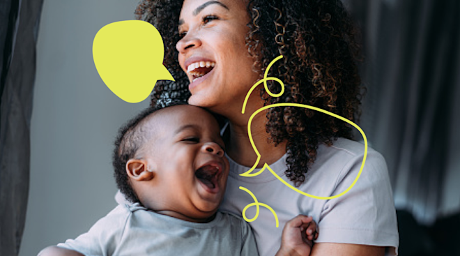 mom and baby laughing surrounded by speech bubbles