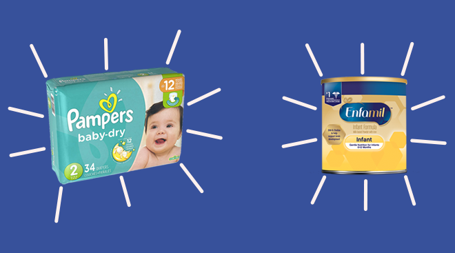 Pampers diapers and enfamil formula collaged onto color background. 