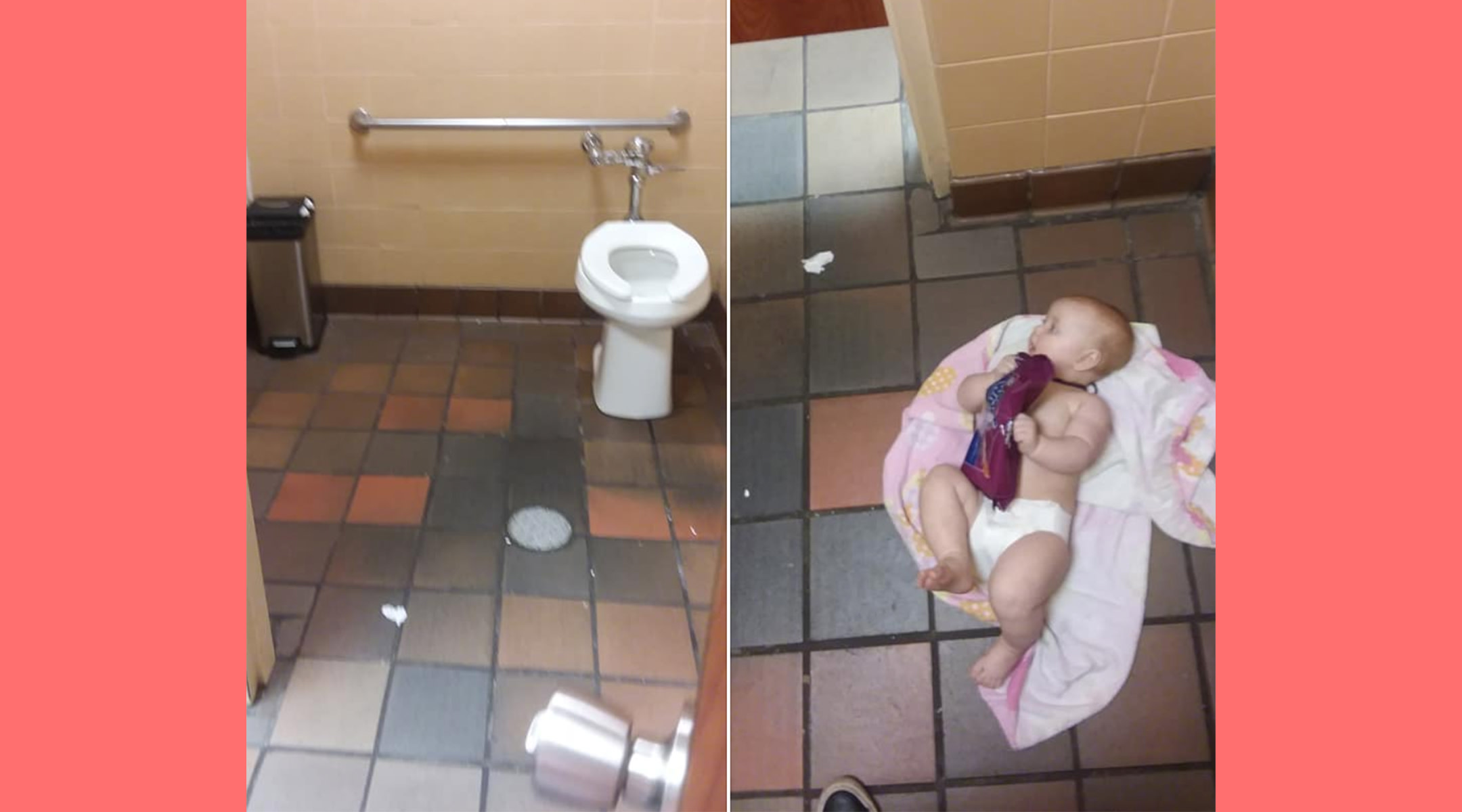 changing baby's diaper in dirty restroom 