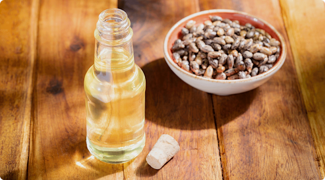 castor oil bottle and castor oil seeds on wooden table