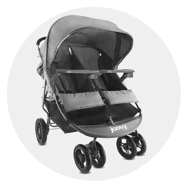 Grey double stroller with two seats, side-by-side