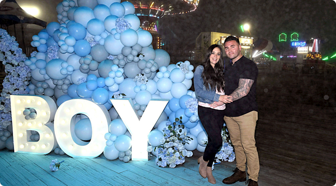 Sammi Giancola and Justin May attend Sammi Giancola's gender reveal with MTV's Jersey Shore cast at Lobster Lounge on May 15, 2025 in Seaside Heights, New Jersey