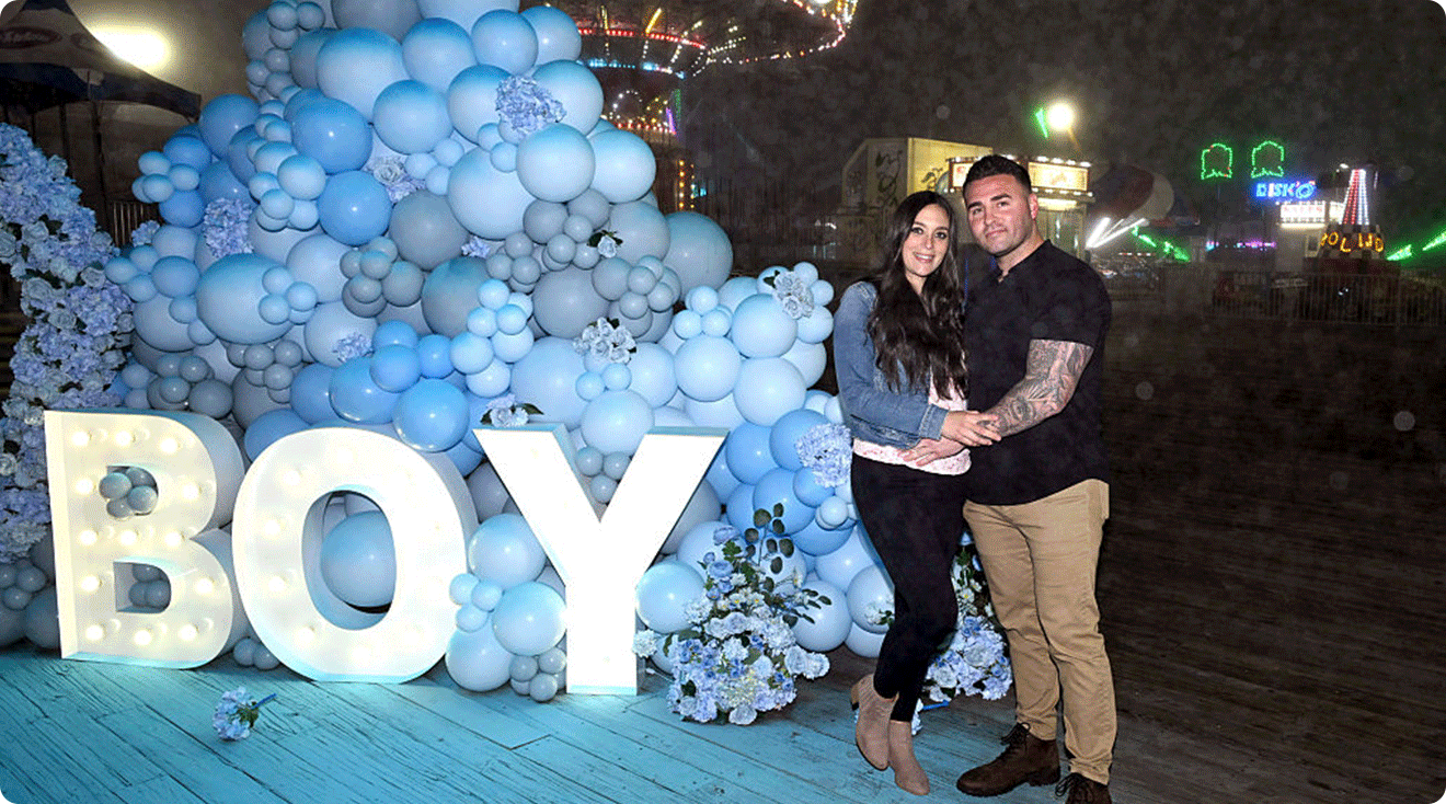 Sammi Giancola and Justin May attend Sammi Giancola's gender reveal with MTV's Jersey Shore cast at Lobster Lounge on May 15, 2025 in Seaside Heights, New Jersey
