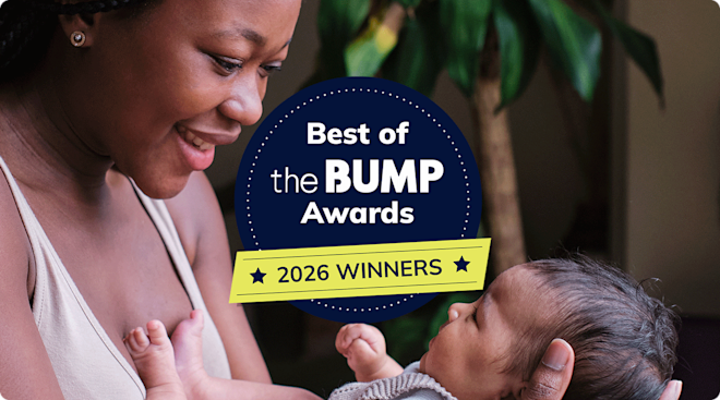 A mother smiling at her newborn baby with the Best of The Bump 2026 winners badge on top.