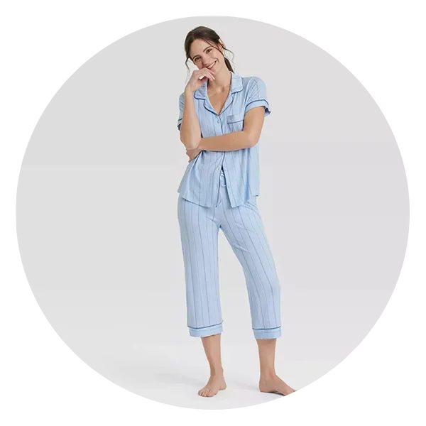 Auden Cloud Knit Short Sleeve Notch Collar Top and Cropped Pants Pajama Set  