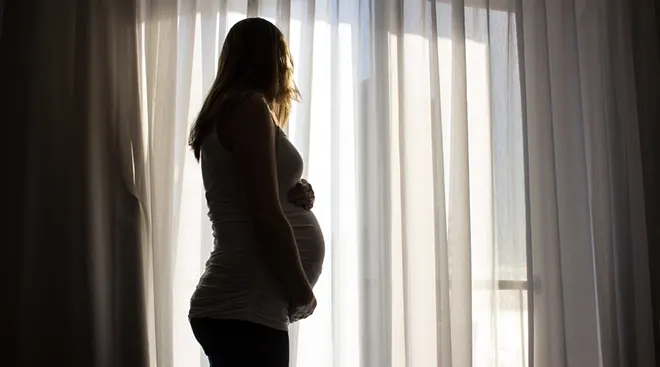silhouette of pregnant woman looking out window