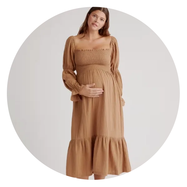 Quince Organic Cotton Gauze Maternity Smocked Ruffle Hem Midi Dress