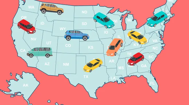 united states map and cars representing booster seat laws by state