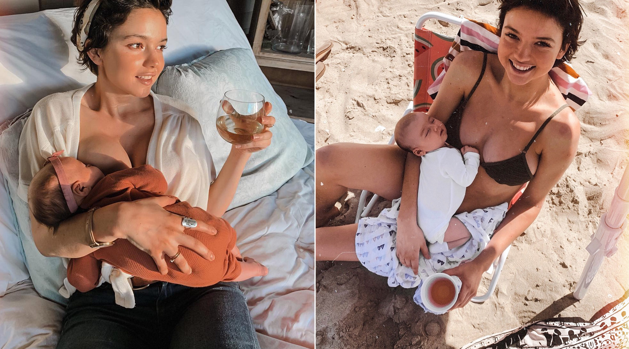 celebrity personality bekah martinez breastfeeds her baby while holding a glass of wine