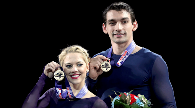 Alexa Knierim and Christopher Knierim pose on the medals podium after the Pairs Competition during the 2020 U.S. Figure Skating Championships at Greensboro Coliseum on January 24, 2020 in Greensboro, North Carolina