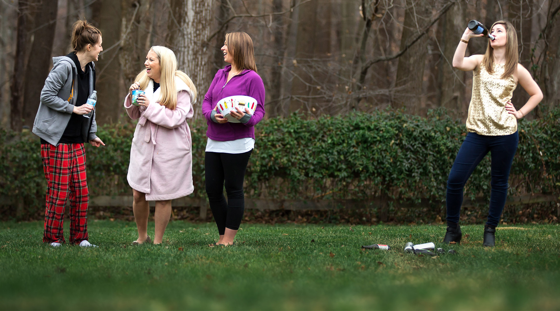 mom friends humorously display different stages of pregnancy and also when you just have a food belly